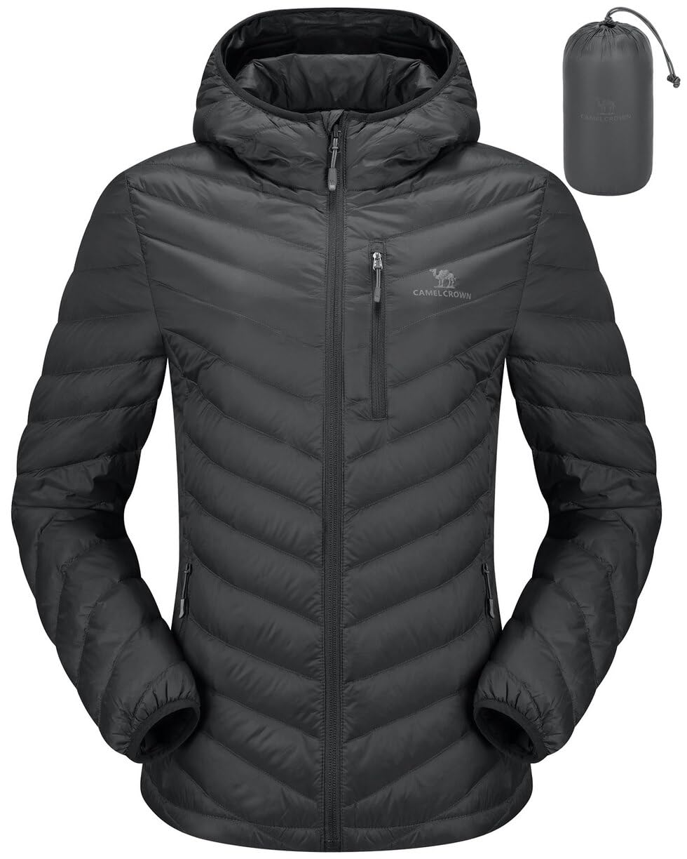 CAMEL CROWN Womens Down Jackets Lightweight Puffer Jackets Packable Quilted Winter Coat Hooded Outerwear With Chest Pocket Grey 2XL