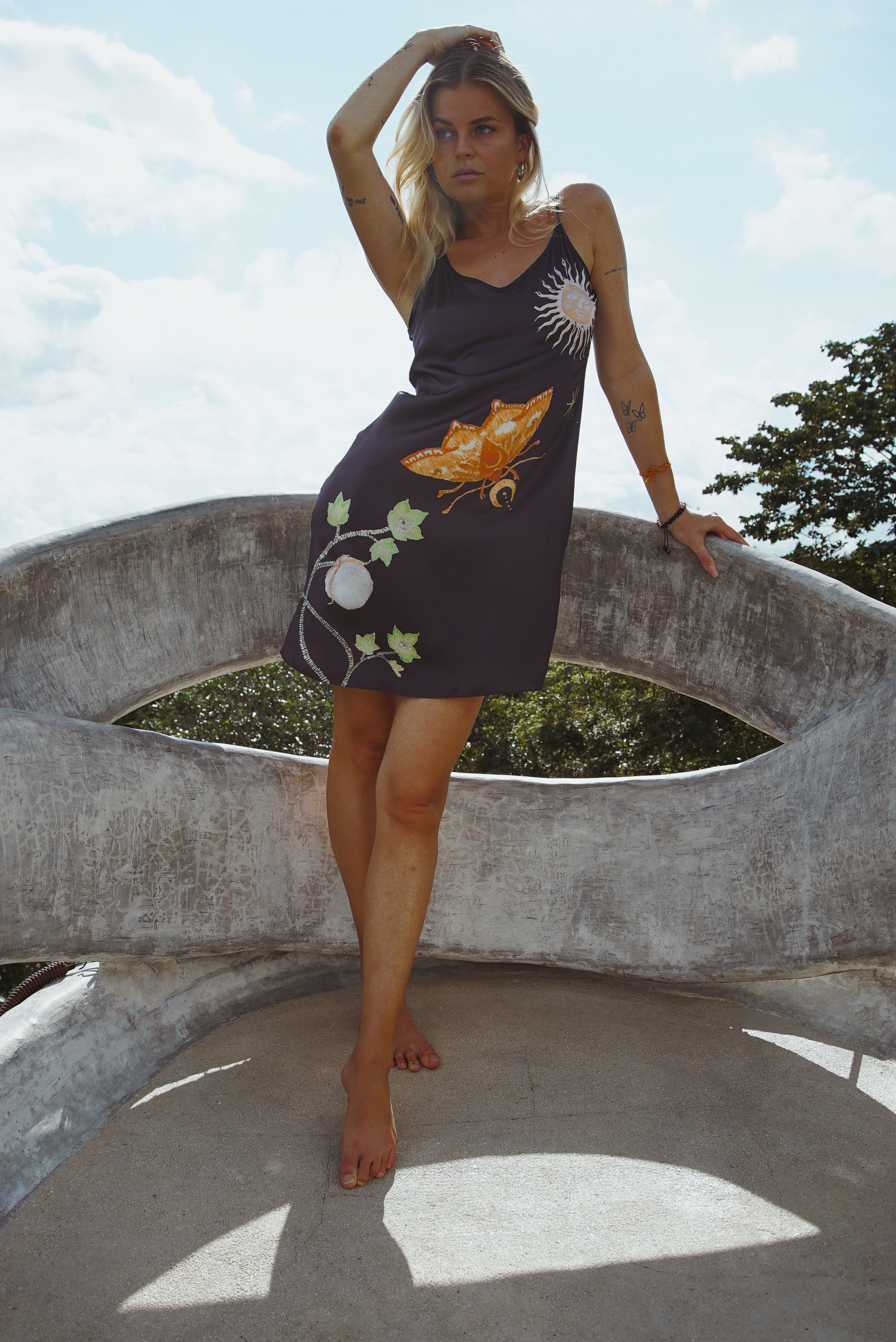 Vela Silk Slip Dress in Black Jungle Butterfly