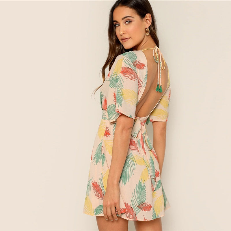 Plunge Neck Tied Open Back Tropical Dress Deep V Neck Fit and Flare Women Dresses Short Sleeve Summer Dress