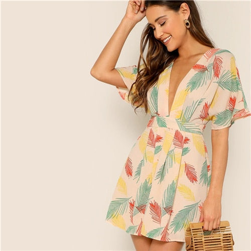 Plunge Neck Tied Open Back Tropical Dress Deep V Neck Fit and Flare Women Dresses Short Sleeve Summer Dress