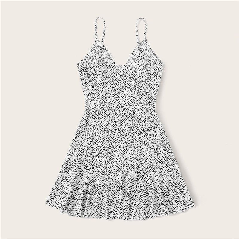 Surplice Wrap Belted Dalmatian Print Ruffle Hem Cami Dress Women Summer Asymmetrical Hem Boho Short Dresses