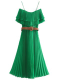 Ladies sexy off shoulder party vestido sashes Dresses Women fashion slash neck ruffles green pleated sling Dress