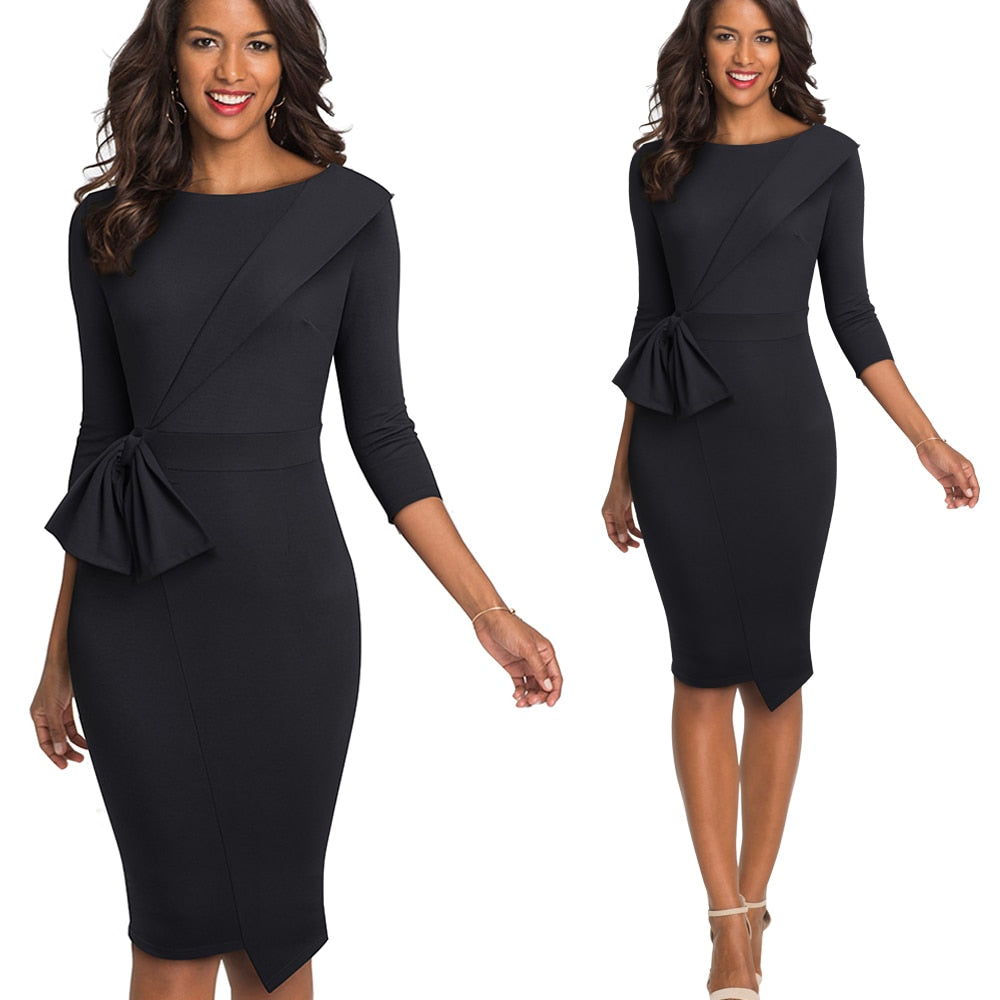 Pure Color with Bow Peplum Dresses Formal Business Bodycon Autumn Women Dress